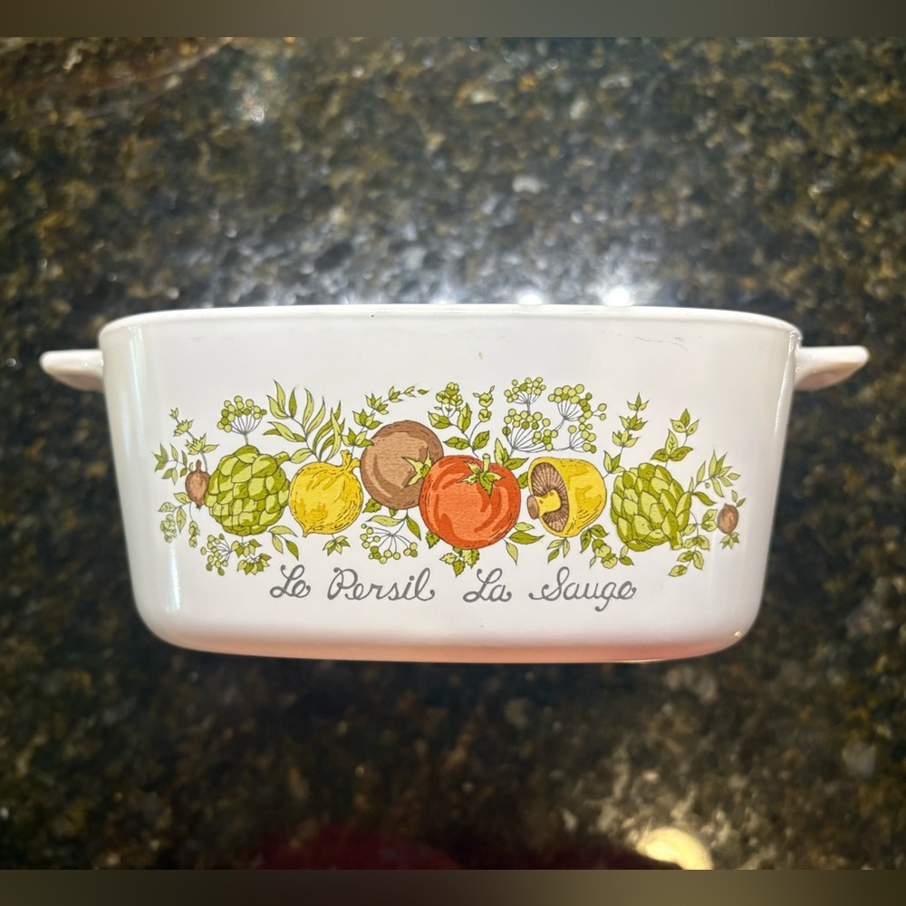 Vintage Corningware White Ceramic Baking Dish with Spice of Life Design